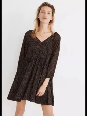 NWOT Madewell V-Neck Long Sleeve Black Speckled Babydoll Dress